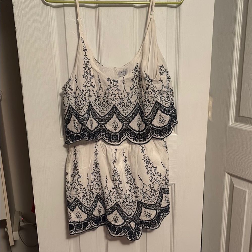 Tobi White and Navy Embroidered Romper